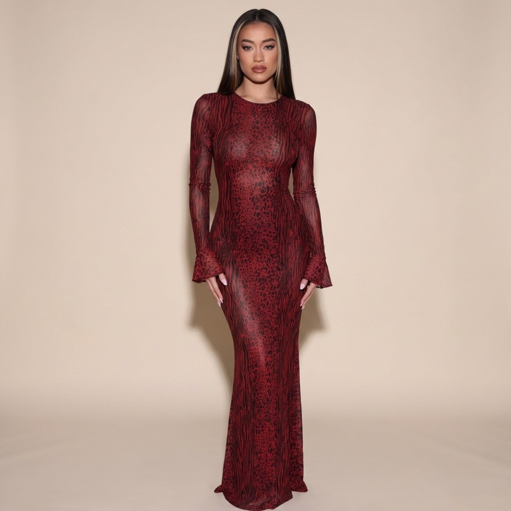 Elegant Red Leopard Print Sheer Dress